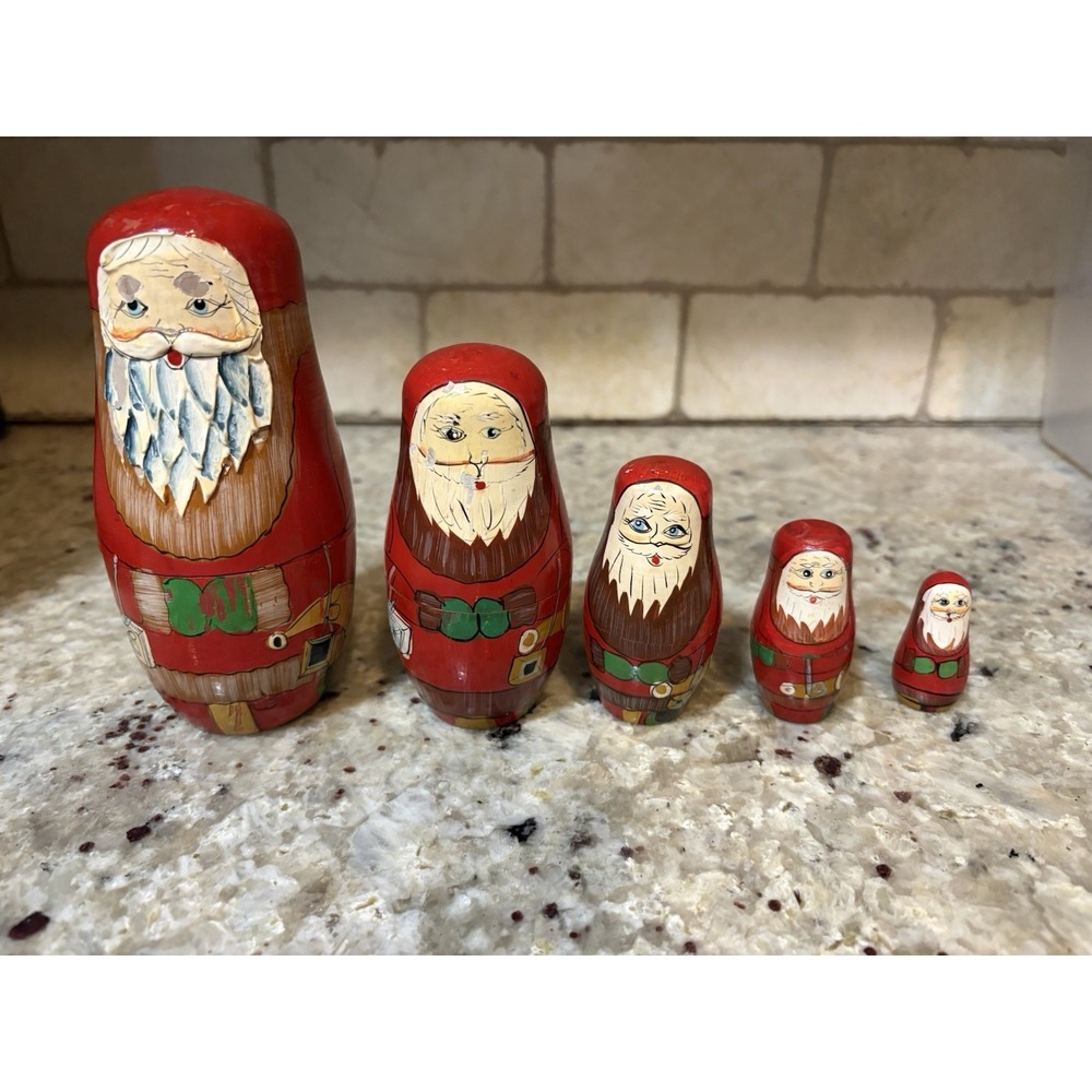 Russian Christmas Wood Santa Claus Nesting Doll 5 Piece Set - Vintage